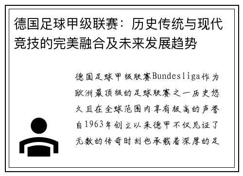 德国足球甲级联赛：历史传统与现代竞技的完美融合及未来发展趋势