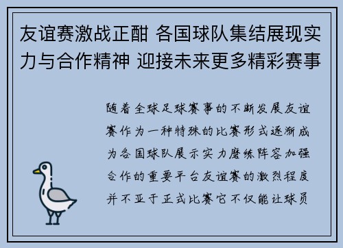 友谊赛激战正酣 各国球队集结展现实力与合作精神 迎接未来更多精彩赛事