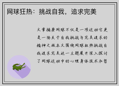 网球狂热：挑战自我，追求完美