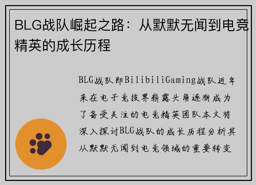 BLG战队崛起之路：从默默无闻到电竞精英的成长历程