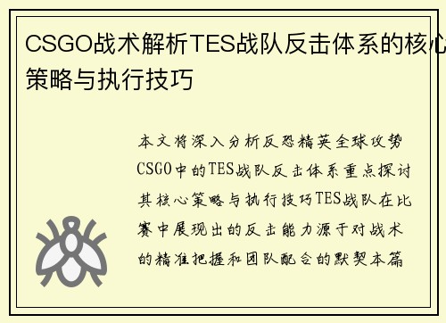 CSGO战术解析TES战队反击体系的核心策略与执行技巧